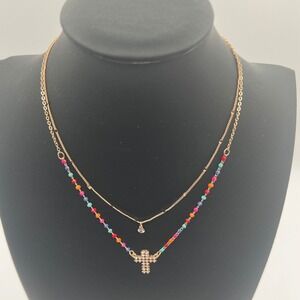 Jeune Colette Rose Gold Tone Layered Cross Necklace Multi Color Beads NWT